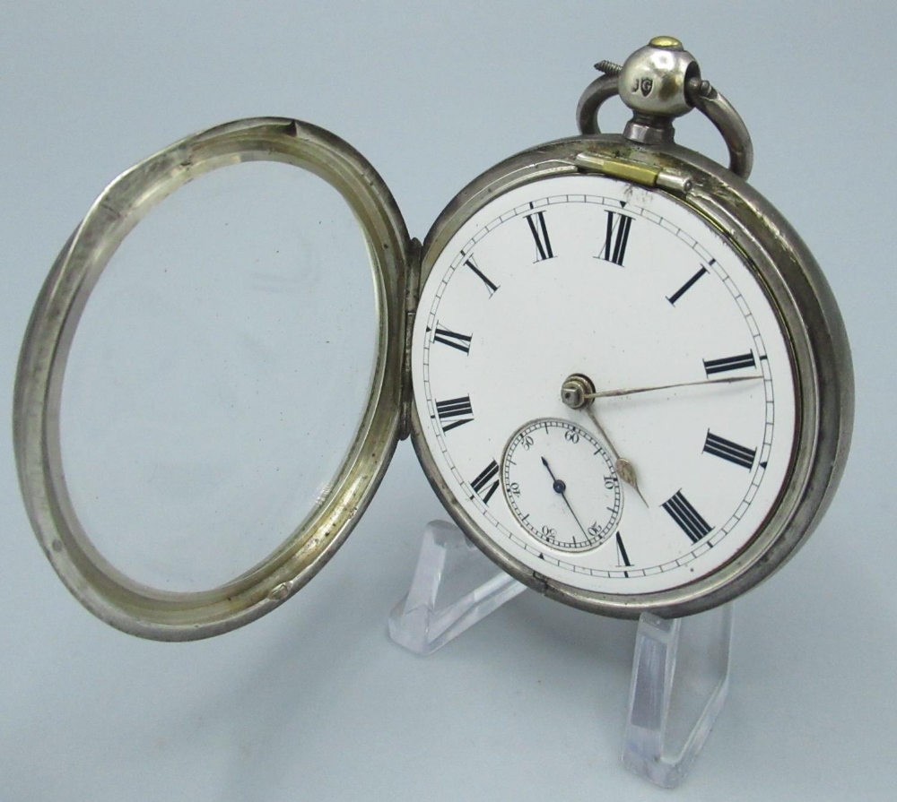 Victorian silver open face keyless wound and set pocket watch, white enamel Roman dial with - Image 2 of 4