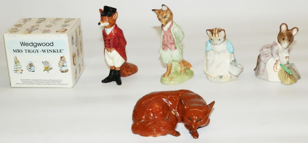 Three Royal Albert Beatrix Potter figures, Royal Doulton huntsman fox, boxed Wedgwood Mrs Tiggy-