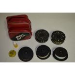 2 Shakespeare 2756 Graflite fly fishing reels with 3 spare spools, all with fly line. Also an Abu