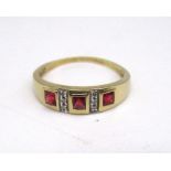 9ct yellow gold ring set with three square cut rubies and milgrain set diamonds, stamped 9k, size W,