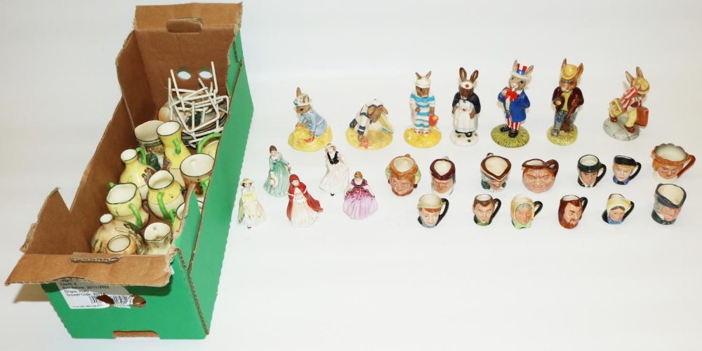 Seven Royal Doulton Bunnykins figures, collection of miniature Royal Doulton character jugs, and