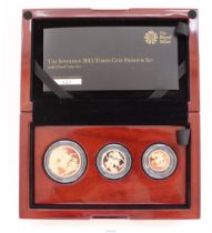 The Sovereign 2015 Three Coin Gold Proof Premium Set. Encapsulated with original box, maroon slip