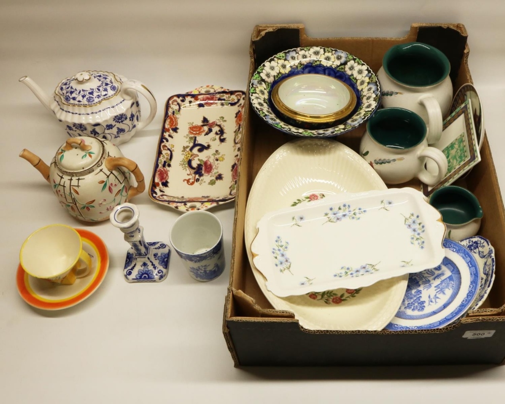 Spode Blue Colonel pattern teapot, Spode Girl at Well pattern beaker, Moorland Pottery Dean