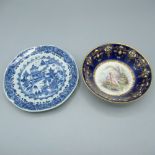 C19th decorative bowl, blue ground with hand painted enamel and gilt decoration, the central panel