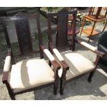 Pair of Chinese hardwood throne type armchairs, pierced back with leaf carved splat, brass nail