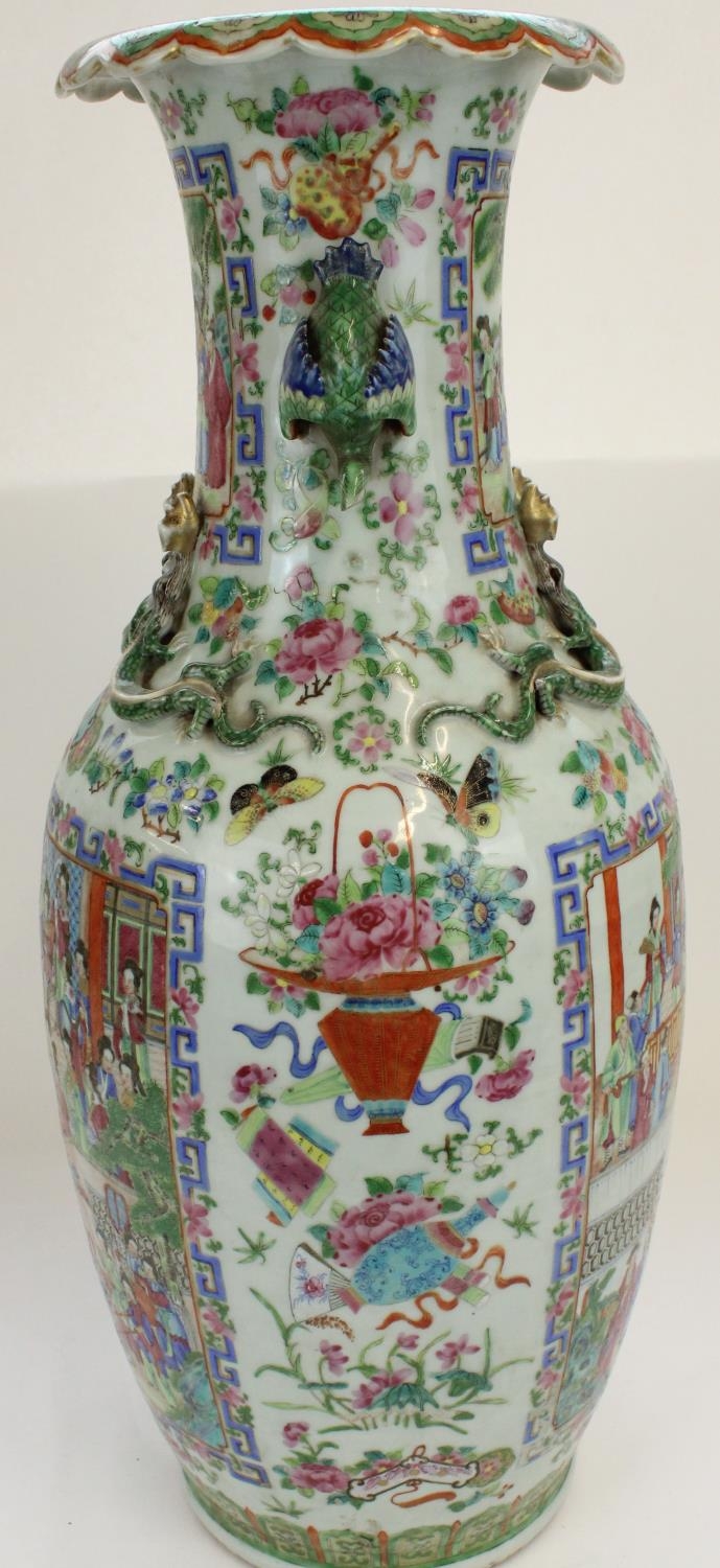 Pair of large C19th Chinese Canton Famille Rose porcelain vases, profusely decorated in polychrome - Image 5 of 6