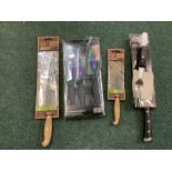 Sabatier boxed carving knife, Taylor’s eye witness 3pc kitchen knife set, sealed Heritage oak