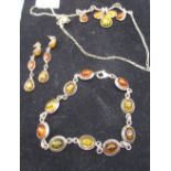 Sterling silver matching bracelet, necklace and drop earrings set with amber, all stamped 925, gross