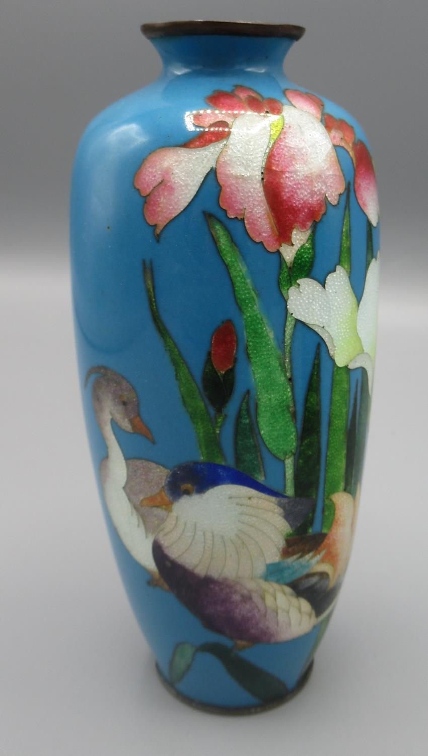 Pair of C20th Cloisonné ware vases, turquoise blue ground decorated with exotic flowers and birds - Image 2 of 3