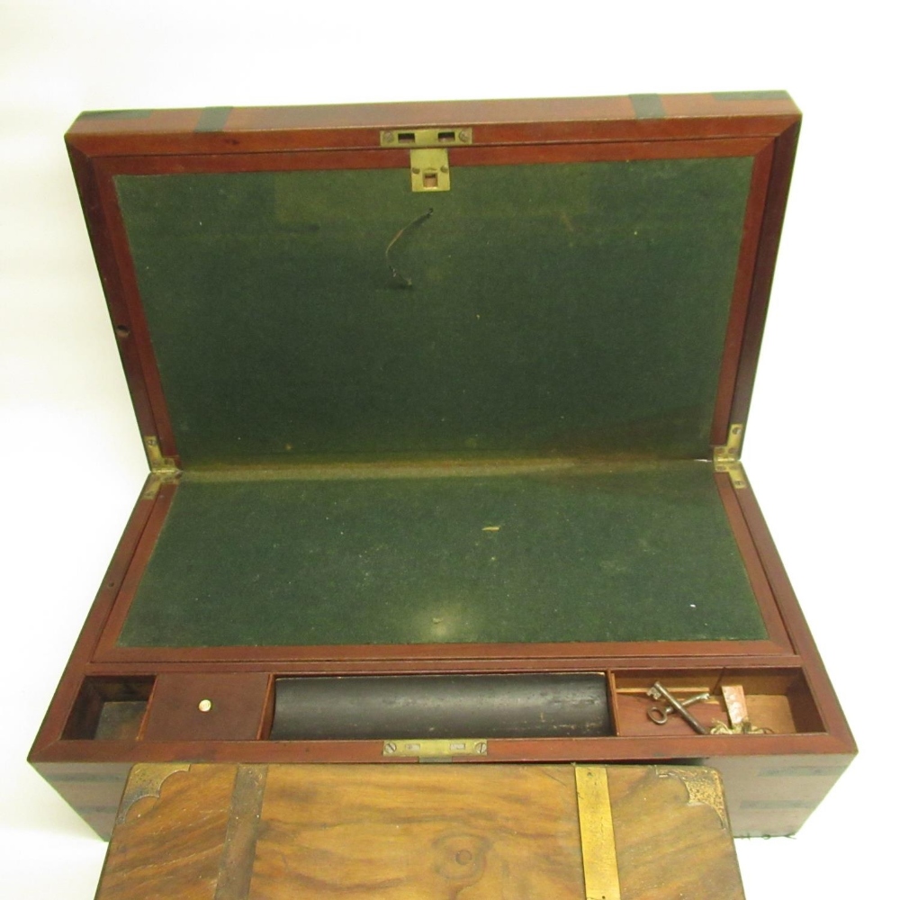 C19th brass banded mahogany Campaign style folding writing slope, with recessed handles and metal - Image 3 of 5