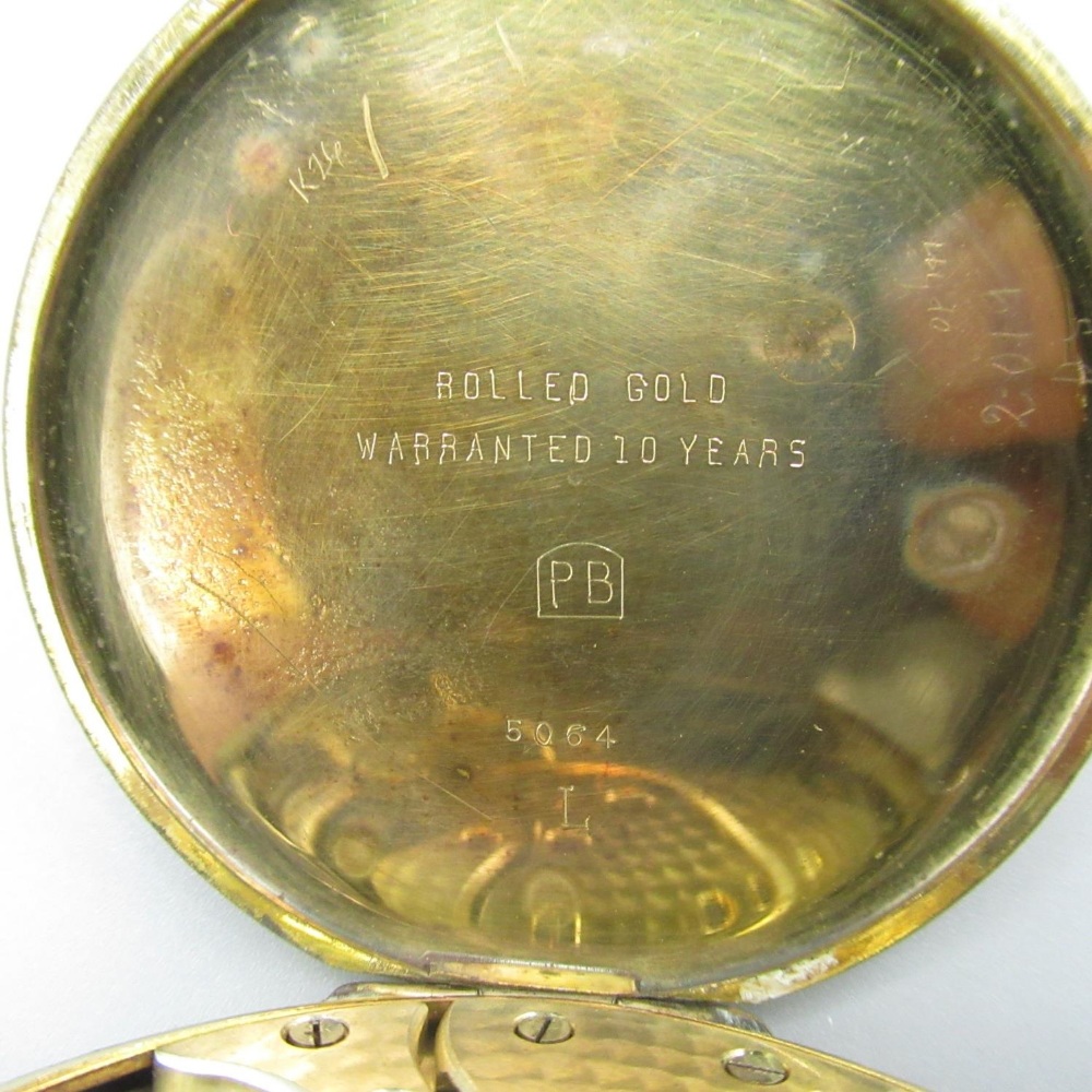 Grosvenor 1930s rolled gold open face keyless wound and set pocket watch, with silvered engine - Image 6 of 7