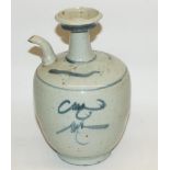 Chinese blue and white pottery ewer with short curved spout and trumpet neck, H22cm