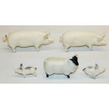 Beswick animal figures: Scottish black faced sheep model 1765, and four pigs, model numbers 1452A,