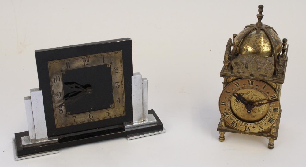 Art Deco ABEC chrome plated and black glass mantel timepiece of ziggurat form with applied chapter