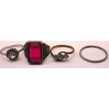 Continental silver ring set with red glass, stamped 800, a yellow metal c19th style cameo brooch,