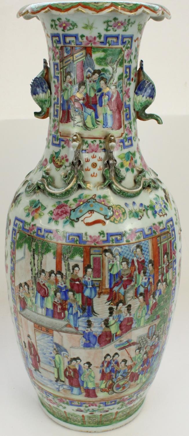 Pair of large C19th Chinese Canton Famille Rose porcelain vases, profusely decorated in polychrome - Image 6 of 6