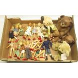 Collection of wood dolls, wooden Teddy bears and plush Teddy bears
