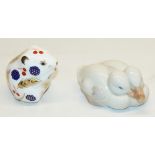 Royal Crown Derby Harvest Mouse paperweight with silver stopper, and a Royal Copenhagen porcelain