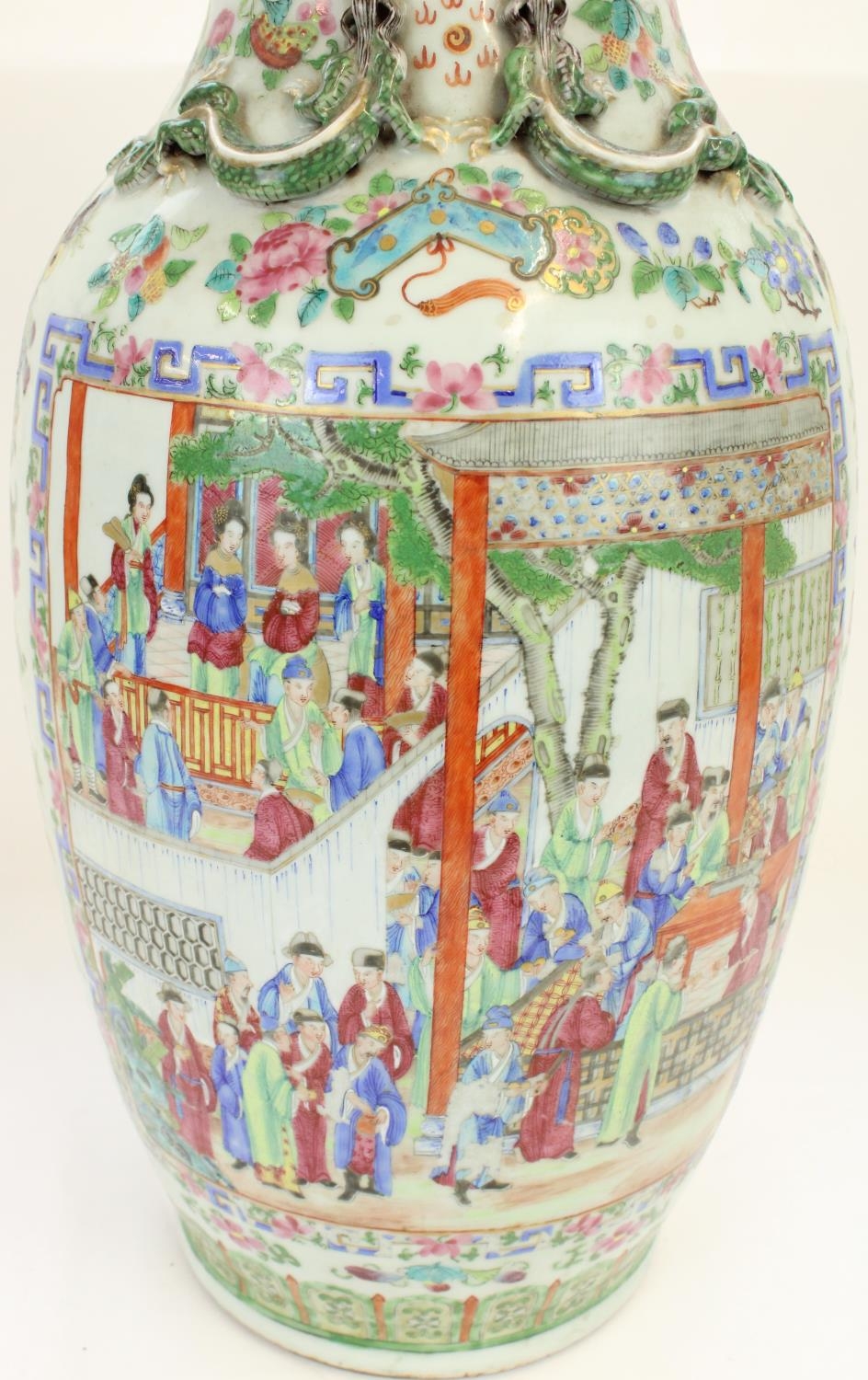 Pair of large C19th Chinese Canton Famille Rose porcelain vases, profusely decorated in polychrome - Image 3 of 6