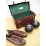 C20th pair of monogrammed Lignum Vitae bowls, manufacturers mark obscured, together with simulated