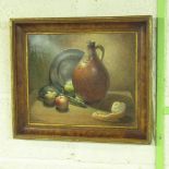 Jack Pagan (C20th); Flemish style still life study, oil on board, signed 30.5cm, x 73cm, an arched