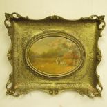 Global Studios C19th Dresden style porcelain plaque depicting a landscape scene in gilt frame, 40.