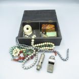 Wood trinket box cont. 6 beaded necklaces and 1 other, ARP whistle, match box case styled as a book,