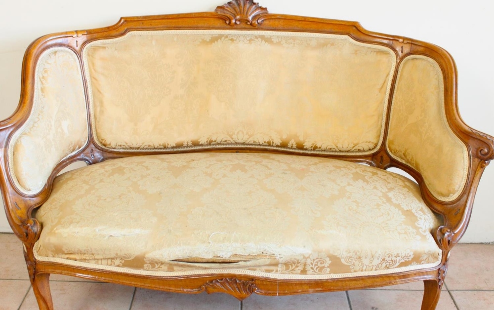 Late C19th Louis XV style walnut salon suite comprising two seater canape with scrolled frame and - Image 2 of 8