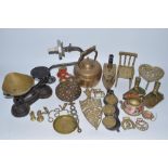 Collection of brassware, vintage Veritas gas light fitting, set of vintage scales, ceramics (