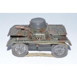 Vintage English tinplate clockwork model tank, with intact rubber tracks in full and fair working