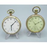 Elgin early C20th rolled gold open face keyless wound and set pocket watch, signed white enamel