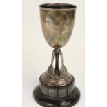 Geo. V hallmarked silver tennis trophy, the ebonized stepped base, set with silvered plaques with