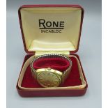 1970s Rone automatic wristwatch with date, signed gold dial with applied hour indices, rolled gold