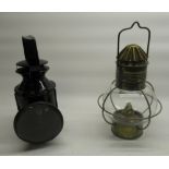 British Railway black japanned metal three lens railway spot lamp marked B.R and a ships brass and