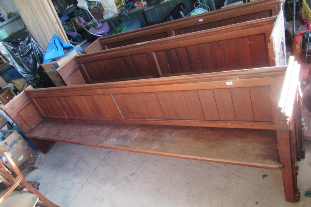 Pitch pine church pew, approx. 310cm long