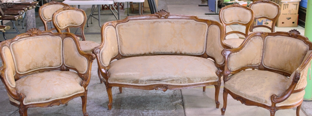 Late C19th Louis XV style walnut salon suite comprising two seater canape with scrolled frame and