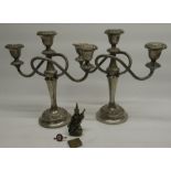 Pair of Ianth EPNS neo-classical design three branch candelabra, with reeded scroll arms H26cm,