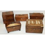 Collection of wooden boxes including three c19th tea caddies, work boxes with inlaid decoration, and