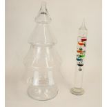 Large stepped glass sweet jar in Christmas tree shape, H52cm, and a Galileo thermometer