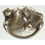 Art Nouveau style metal ink stand decorated with a lady amongst reeds with 'N. Vidal' signature,