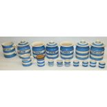 T.G. Green blue and white striped Cornishware ceramics including storage jars, egg cups, etc.,
