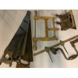 Marples vintage fret saw, plough type moulding plane, vintage hand cranked drill, and three