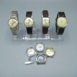 Timex hand wound wristwatch, with signed silver plated dial, gold plated rectangular case, 6 other