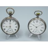 Two Waltham Traveller silver open face keyless wound and set pocket watches, signed white enamel