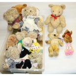 Teddy bears and soft toys, including a Merrythought bear