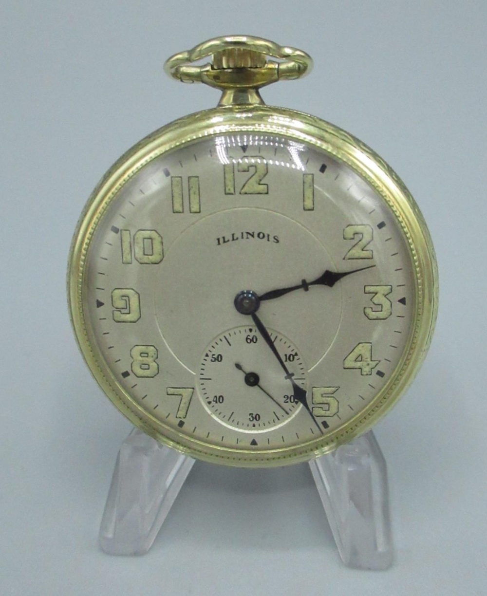 Illinois Watch Co. rolled gold open face keyless wound and set pocket watch, with signed silvered