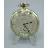 Illinois Watch Co. rolled gold open face keyless wound and set pocket watch, with signed silvered