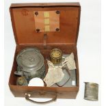Early 20th century travelling picnic set incl. spirit heater and kettle, spirit bottle, cream jug,