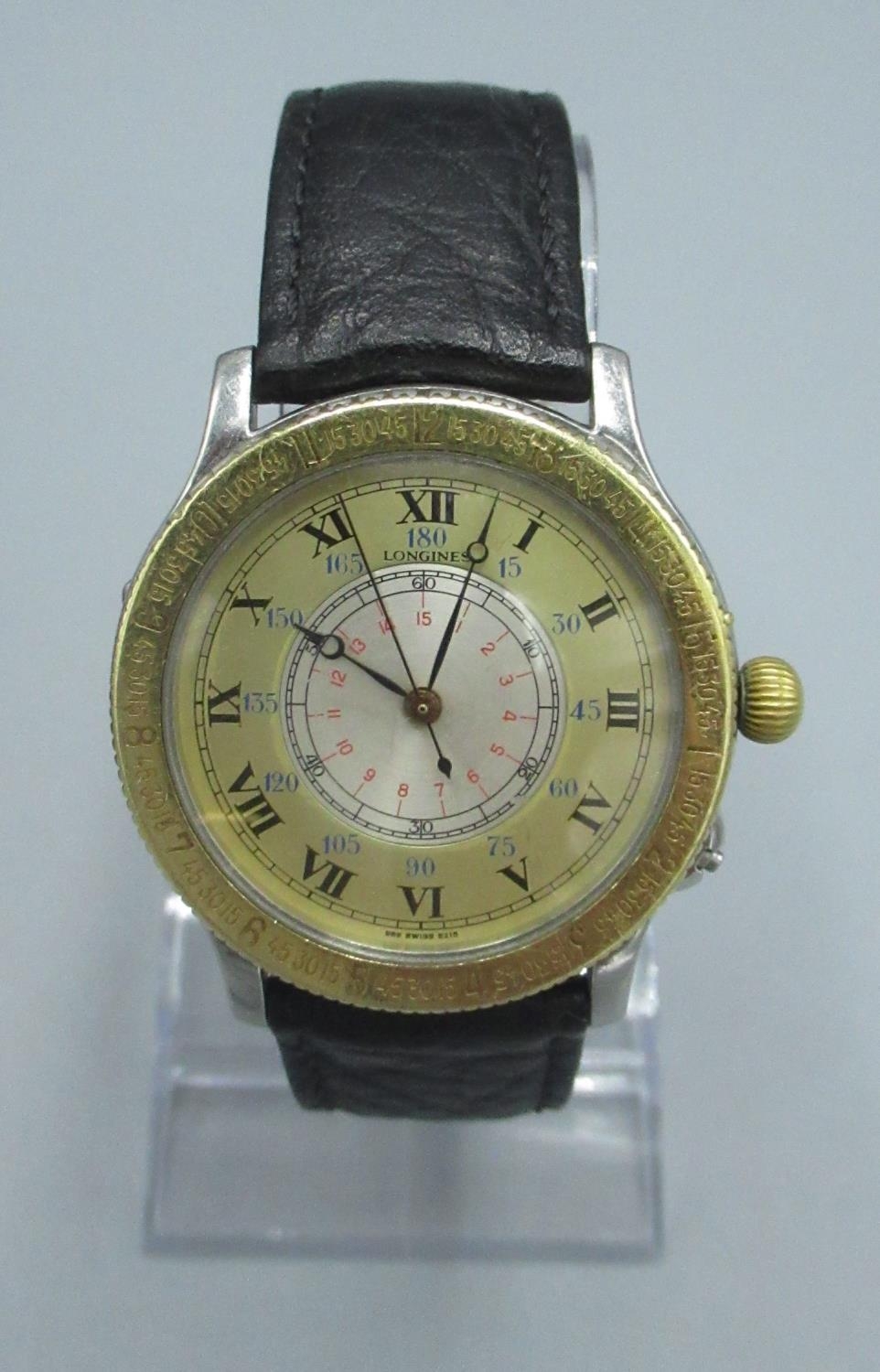 Longines Hour Angle automatic wristwatch, signed gold cased dial with Roman numerals, railtrack