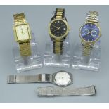Gruen quartz wristwatch with day date and moon phase, gold plated case, on later bracelet, Astra
